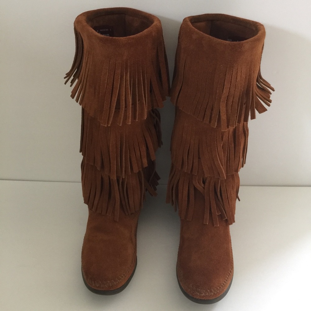 Minnetonka Rust Color Fringed Suede Boot Sz 8 - image 4